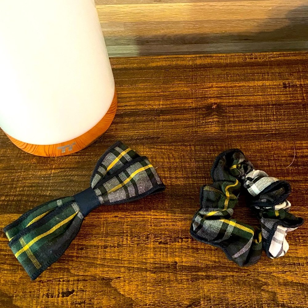 Plaid green/white/yellow bow & scrunchie